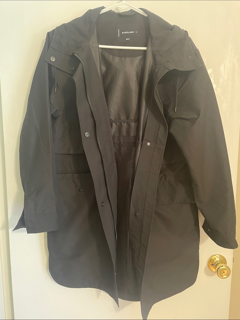 Everlane Black Hooded Raincoat with Snap & Zip Closure